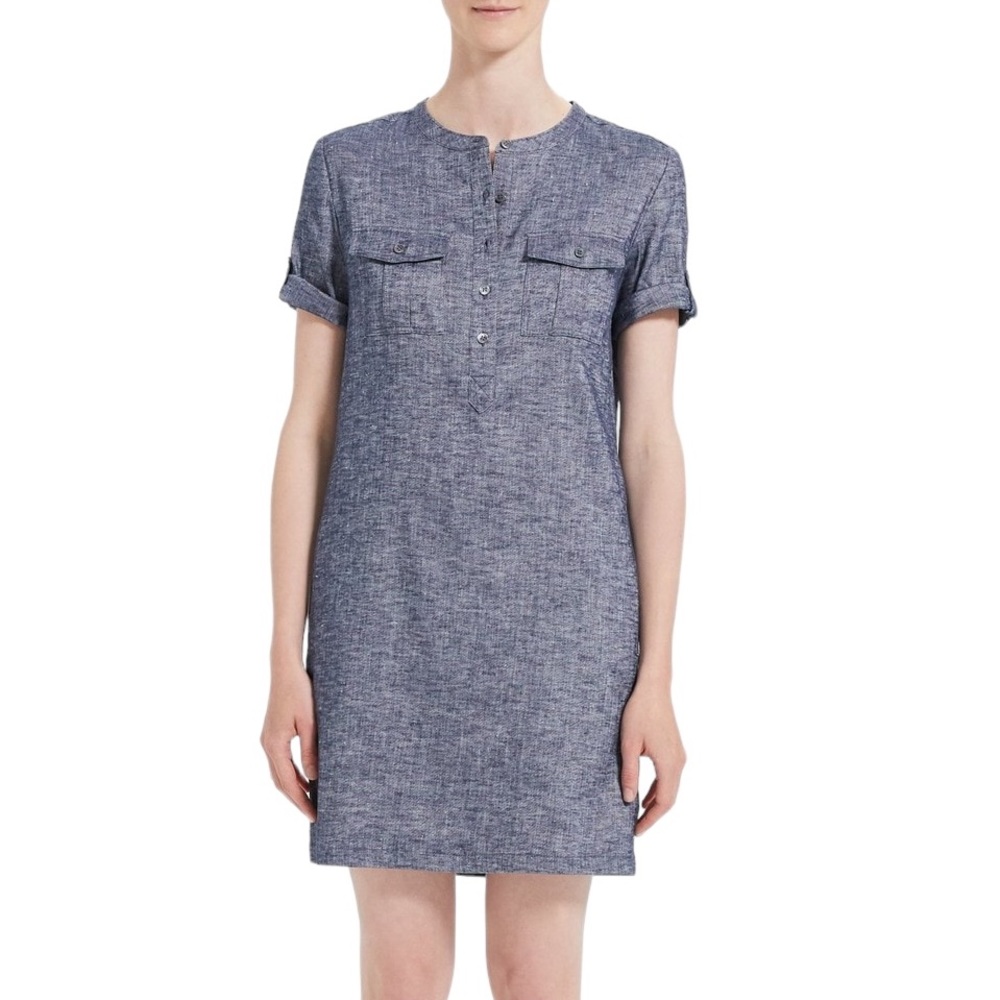 Theory Blue Cargo Stretch Linen Blend Chambray Denim Jean Utility Mini Dress  10